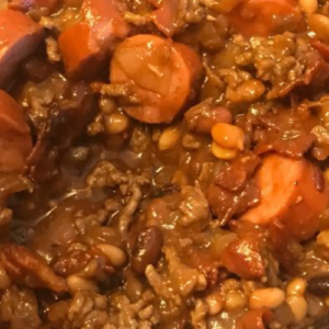 THREE MEAT CROCK POT COWBOY BEANS