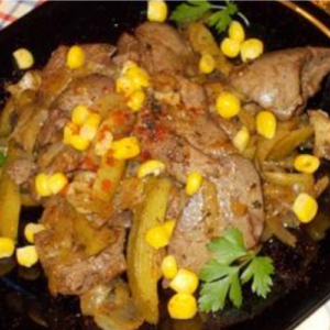 Rabbit Livers with Mushrooms, Pickles and Corn