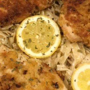 ROMANO CHICKEN WITH LEMON GARLIC PASTA