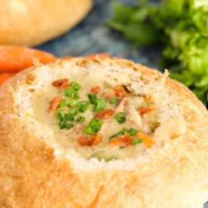 New England Clam Chowder Soup In A Bread Bowl