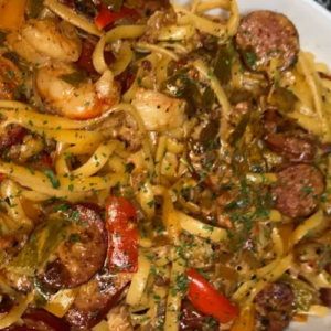 CREAMY CAJUN SHRIMP PASTA WITH SAUSAGE