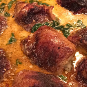 ONE PAN CHICKEN AND POTATOES WITH GARLIC PARMESAN SPINACH CREAM SAUCE