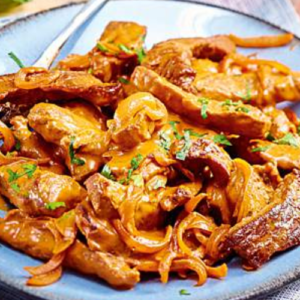 Schnitzel strips in mustard cream sauce