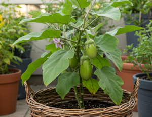 Grow Green Eggplants on Your Terrace Using Recycled Baskets No Garden Needed